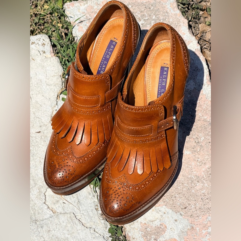 Ralph Lauren Purple Label Tan heel Leather Loafers with Fringe size 6 1/2B